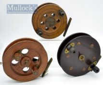 3x various Scarborough reels – Rueben Heaton’s 5” wooden reel stamped Heaton’s to the brass foot