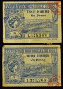France - ‘Exposition Universelle De 1900’ Tickets marked 1,345,268 No 6 and No 7, measures 7x5cm