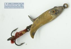 Scarce unnamed Allcocks glass eyed brass Clipper bait – 1.75” long body, twin glass eyes in 4x point
