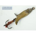 Scarce unnamed Allcocks glass eyed brass Clipper bait – 1.75” long body, twin glass eyes in 4x point