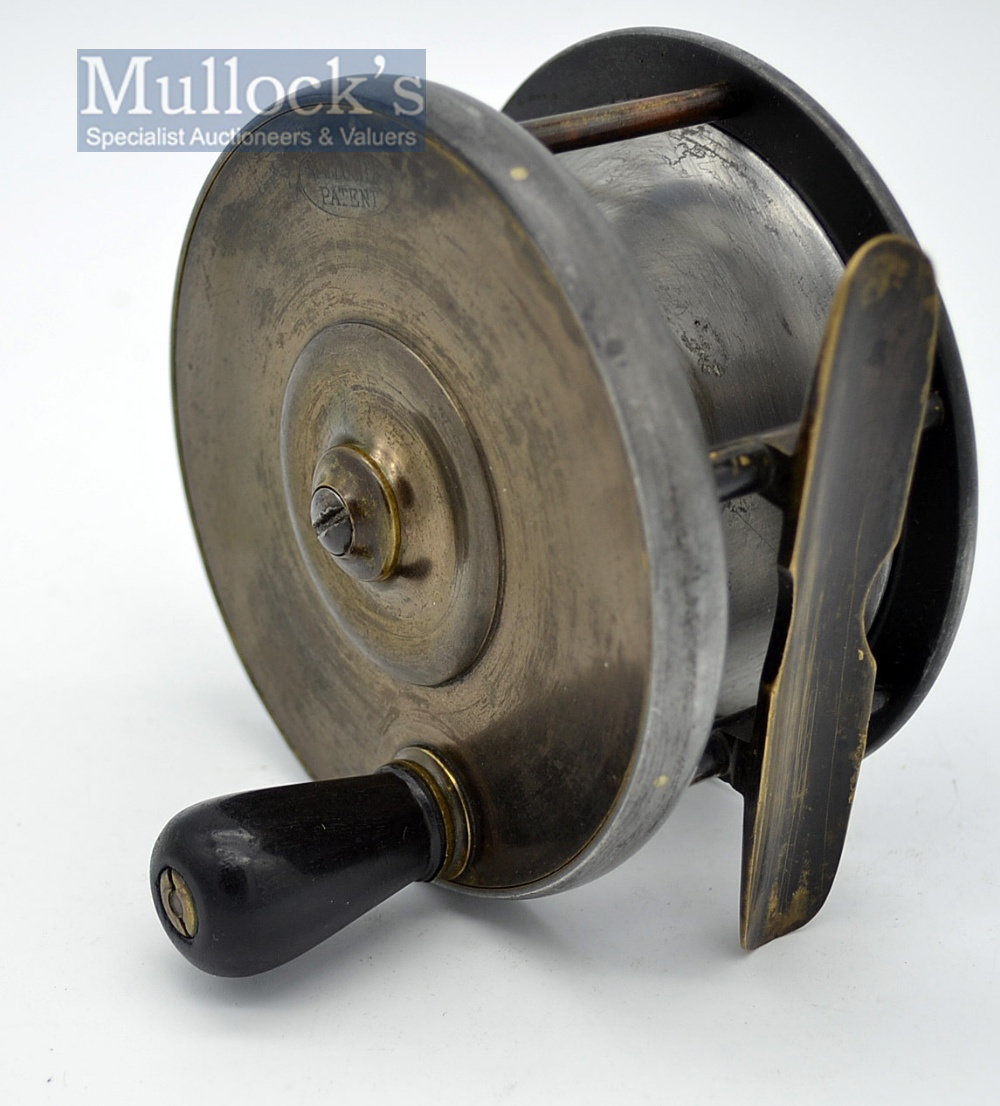 Malloch’s Sun &Planet Patent brass and alloy multiplying salmon fly reel: 4" dia, waisted smooth - Image 2 of 3