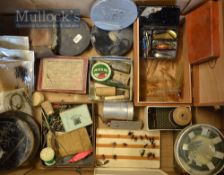 Box of various fishing accessories (a lot) - including black japanned tins one stamped Hardy Bros;