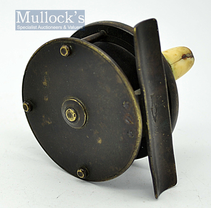 Jones Maker 111 Jermyn St London brass plate wind fly reel c.1850 - 2.5” dia with fish log stamped - Image 2 of 2