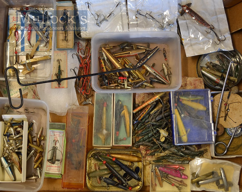 Large collection of early fishing lures, dead bait mounts and accessories – some in original packets