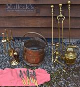 Selection of Brass items To include Companion set, pair of Firedogs, Kettle and Trivet, coal bucket,