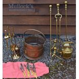 Selection of Brass items To include Companion set, pair of Firedogs, Kettle and Trivet, coal bucket,