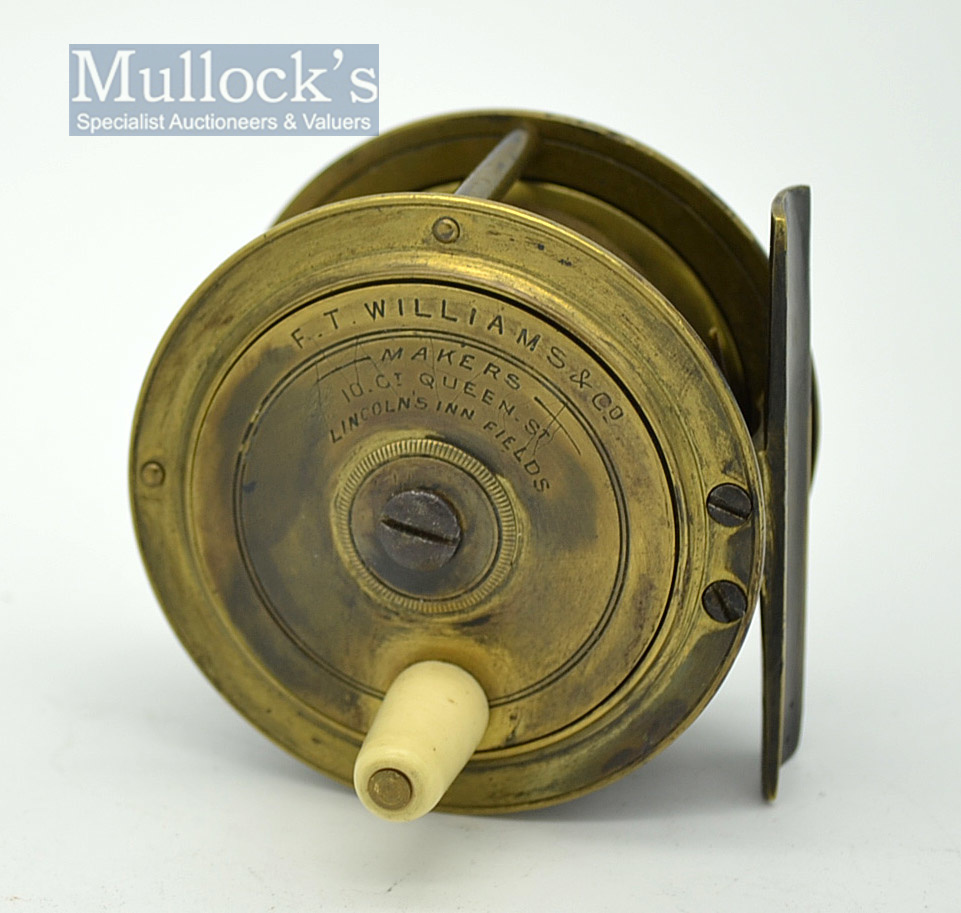 F.T Williams & Co Makers 10 Gt Queen St, Lincolns Inn Fields Hercules style brass fly reel: 2.5/8”