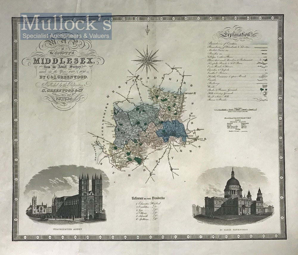 1829 C&I Greenwood Map of Middlesex hand coloured with two engraved views of ‘St Paul’s Cathedral’