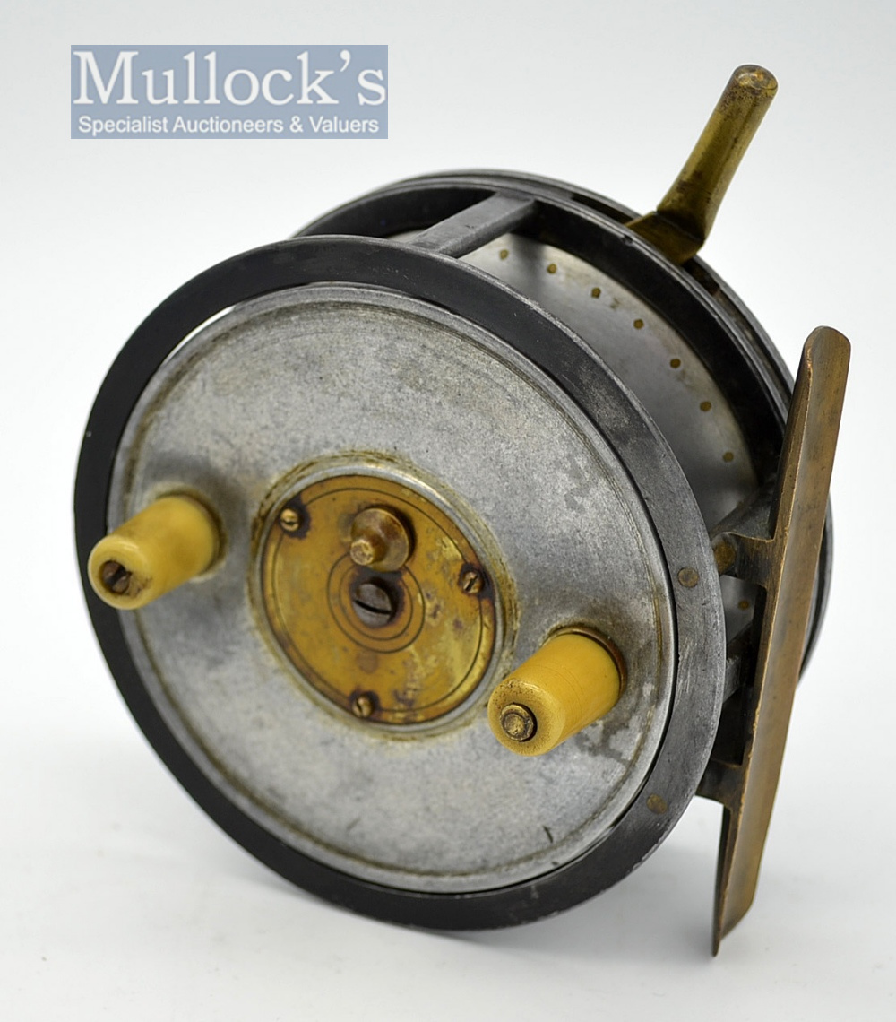 Very rare C Farlow & Co London Patent large alloy salmon reel: 4.1/8” dia, smooth brass foot, 3x