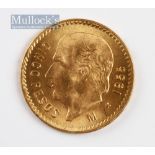 1955 Mexican 5 Pesos Gold coin Weight (grams): 4.16 Pure gold Fineness: 900.0 Dimensions: 19mm