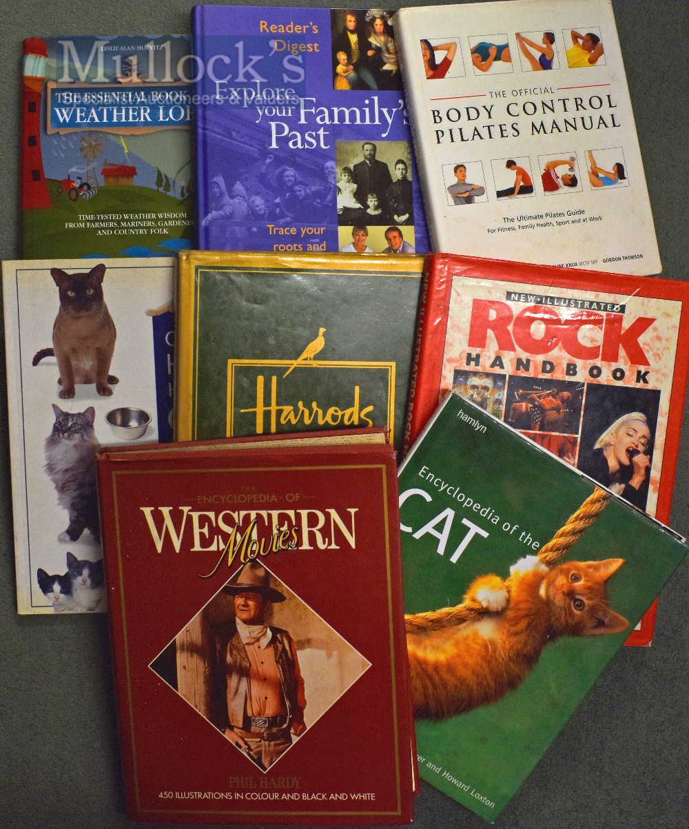 Selection of Various Books such as Rock handbook, Harrods Cookery, Pilates Manual, Tracing Family