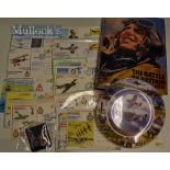 Battle of Britain Related items to include Royal Doulton proof plate, 3 Spitfire fund badges, Signed
