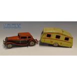 Clockwork Tinplate Mettoy Toy Saloon Car and Caravan - car in red and black trim, the caravan in
