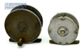 2x Cole & Son Portsmouth Alloy and brass trout fly reels – 3” and 2 3/8” both with brass plate wind,