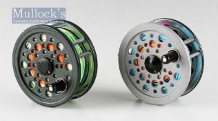 2x Shakespeare alloy salmon fly reels and lines – green Condex 4.25” dia with matching alloy foot