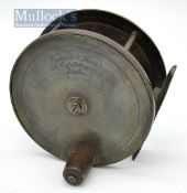 Fine Watson & Sons 308 High Holborn London large brass salmon reel: 4.5”dia brass smooth foot