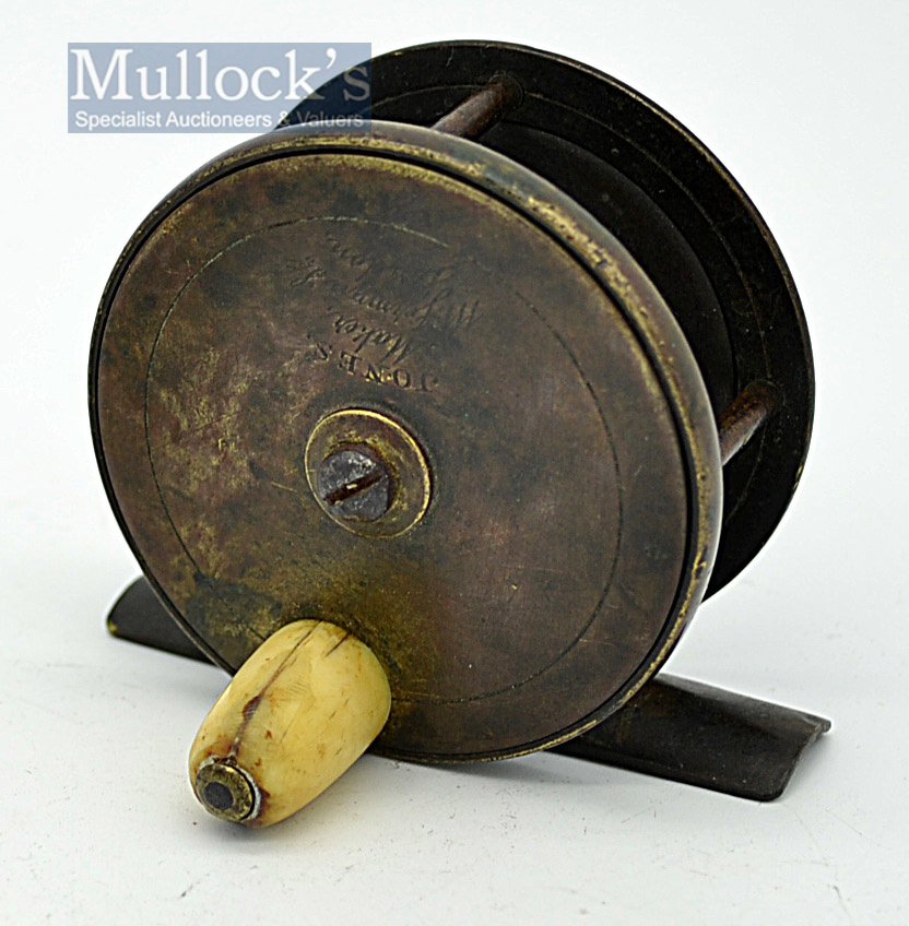 Jones Maker 111 Jermyn St London brass plate wind fly reel c.1850 - 2.5” dia with fish log stamped