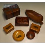 Selection of Mauchline Ware Boxes/Dishes various views one nicely marked for T. Bowman, with two