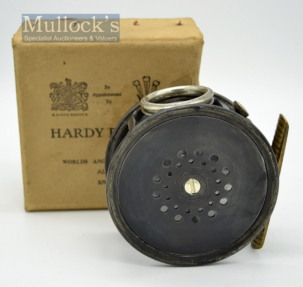 Fine Hardy Perfect Dup Mk II alloy salmon reel c.1922: 4” dia, with ribbed brass foot, Hardy’s