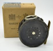 Fine Hardy Perfect Dup Mk II alloy salmon reel c.1922: 4” dia, with ribbed brass foot, Hardy’s