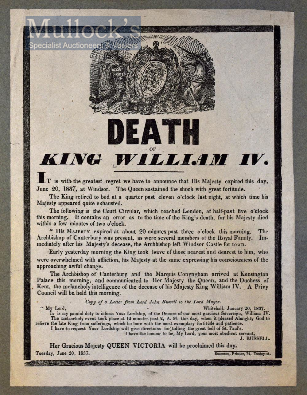 1837 ‘Death of King William IV’ Broadside – it is with greatest regret we have to announce that
