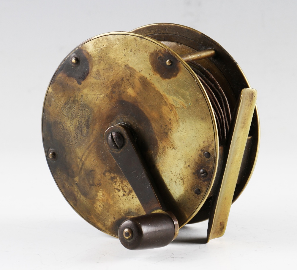 G Main Maker 45 Jermyn Street London large brass salmon fly reel c. 1888: 4.5” dia – straight