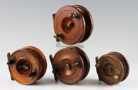 4x good Nottingham wooden and brass fly and coarse fishing reels: 4” brass star back with brass rear