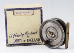 Hardy Bros Alnwick “The Uniqua” Dup. Mk.II small alloy trout fly reel: 2 7/8” dia -ribbed brass