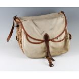 Brady “Conway” wicker and canvas tackle bag – with leather and canvas front c/w 2 pockets –