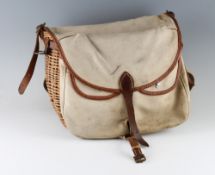 Brady “Conway” wicker and canvas tackle bag – with leather and canvas front c/w 2 pockets –