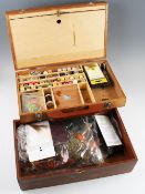 Comprehensive range of Fly Tying Equipment in large double tiered wooden box - consist of silks,