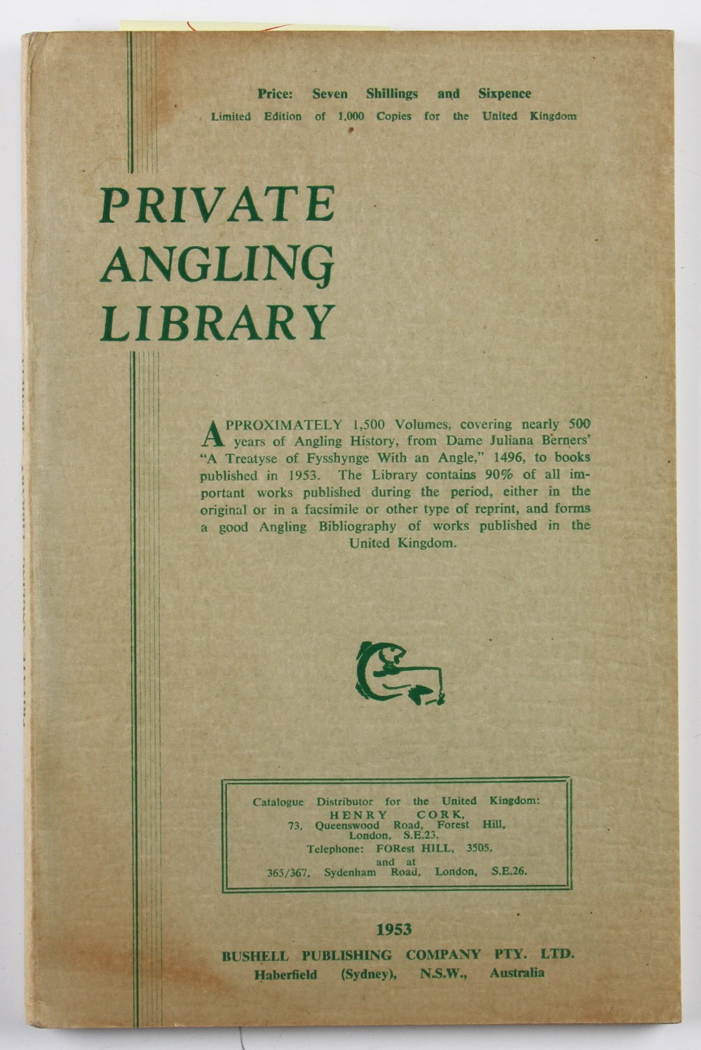 Bushell, C W – Catalogue of the Private Angling Library, Australia 1953, approx 1500 volumes