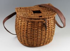 Fine French reed wicker fishing tackle basket/creel – c/w leather shoulder strap – overall 11.5” x