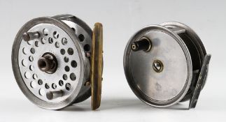 2x alloy salmon fly reels: - Centabrake Pat 4” with perforated face and rear drum flange, twin
