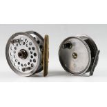 2x alloy salmon fly reels: - Centabrake Pat 4” with perforated face and rear drum flange, twin