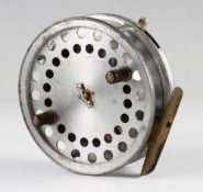 Hardy Bros “The Eureka” alloy trotting reel: 4” dia , ribbed brass foot, on/off rim check lever –