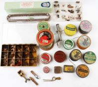 Large and interesting collection of early fly fishing accessories, flies, oiler and lines: makers