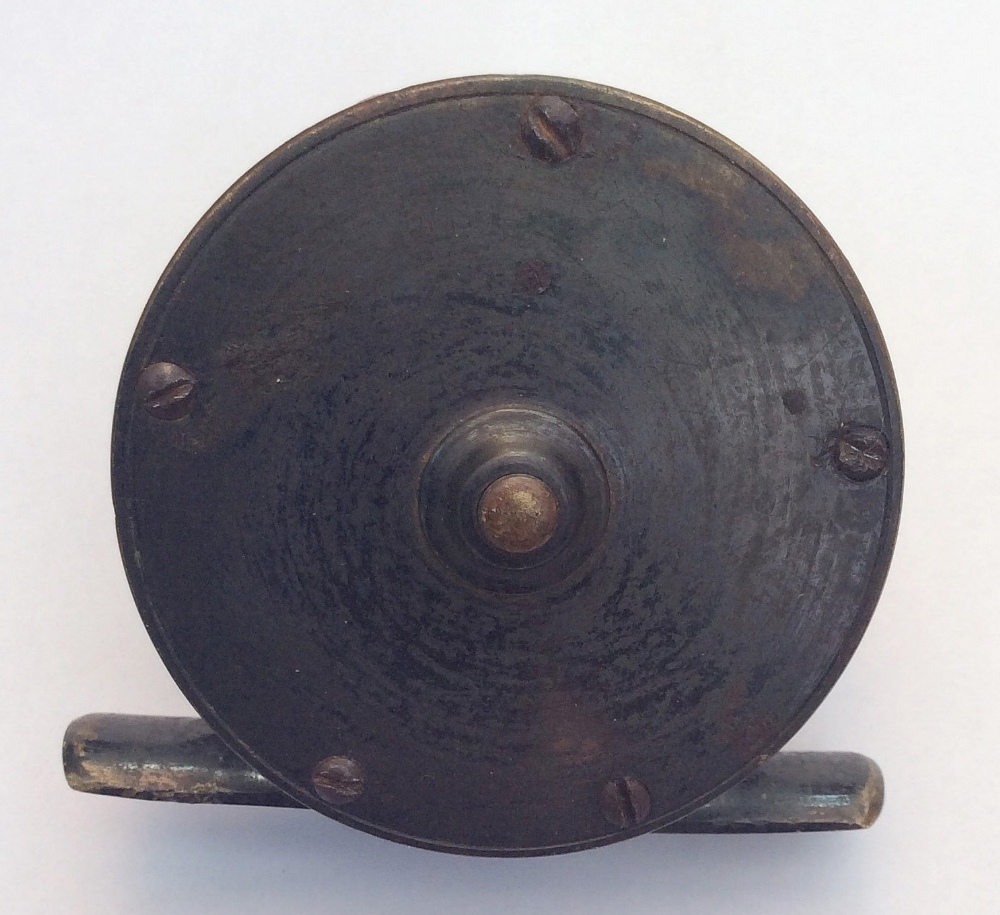 Scarce smallest catalogued Hardy Bros Alnwick brass crank wind reel: 2 1/4” dia, with Rod In Hand - Image 2 of 2