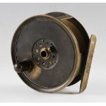 J.B Moscrop Manchester Patent Large Brass Salmon Reel: 4.5” dia with horn handle, face plate tension