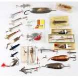 Assortment of mixed old fishing lures: makers include Allcock’s Colorado spoon 2.5” in makers