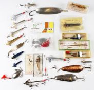 Assortment of mixed old fishing lures: makers include Allcock’s Colorado spoon 2.5” in makers