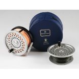 Hardy Marquis Disc 9/10/11 salmon fly reel and spare spool (2) 4” dia black frame, silver drum,