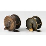 2x early small brass reels: S.T Lucas Maker 2.5” bevelled edge fly reel with makers details