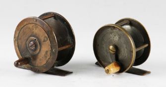 2x early small brass reels: S.T Lucas Maker 2.5” bevelled edge fly reel with makers details