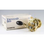 Shimano Trinidad 50 gold finish multiplier reel, Power handle and oversized soft touch knob, star