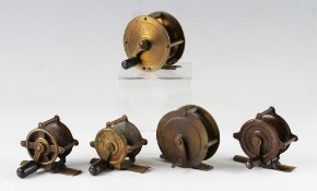 Collection of various US and UK brass crank wind reels (5): 3x Hendryx Pat raised brass pillar reels