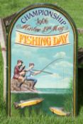Decorative hand painted wooden 3D Fishing Sign, Featuring fishermen sitting on the rocks with 2 fish