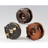 3x various reels: 2x 4” Nottingham wooden and brass strap back fly reels both with line and on/off