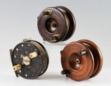 3x various reels: 2x 4” Nottingham wooden and brass strap back fly reels both with line and on/off