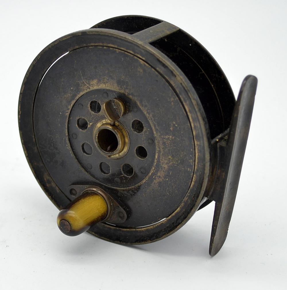 J.B Moscrop Manchester Patent brass hollow spindle fly reel - 3.5” dia - face plate tension